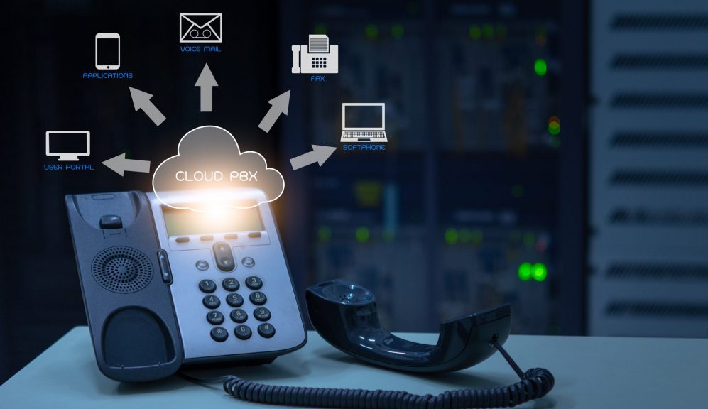 IP Telephony cloud pbx concept, telephone device with illustration icon of voip services and networking data center on background
